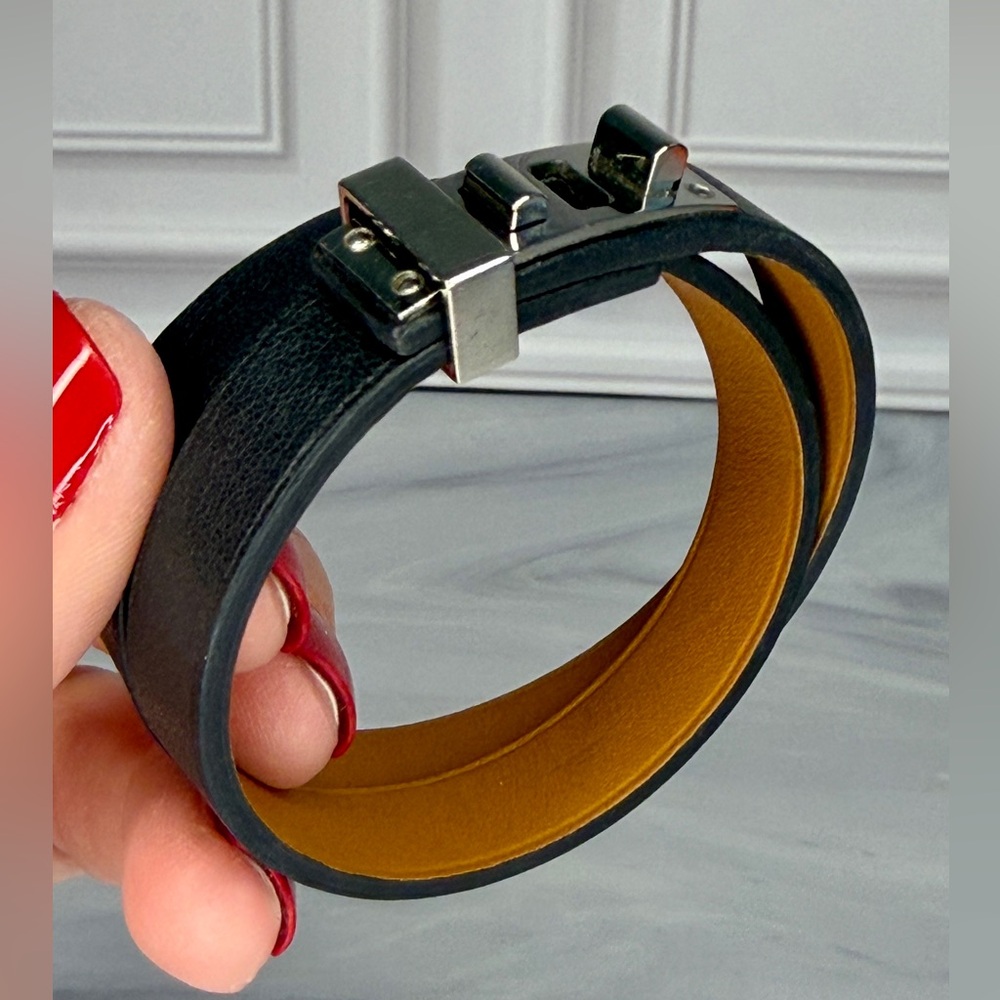 Hermes Black Mini Kelly Double Leather & Silver Hardware Bracelet | Full Set - Picture 6 of 12